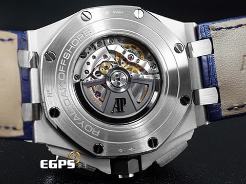 Audemars Piguet 愛彼 AP錶 Royal Oak Offshore 皇家橡樹離岸型 26401PO.OO.A018CR.01 PT950鉑金材質 藍色面盤、原廠藍色皮帶 鉑金貓 2019年新式保卡 附藍色橡膠錶帶 計時碼錶 陶瓷框 自動上鏈 44mm