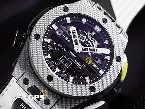 HUBLOT 宇舶 Big Bang 大爆炸 Unico Golf 416.YS.1120.VR 鍍鋁碳纖維材質花紋設計 白色小牛皮帶襯黑色橡膠錶帶 第一款專為高爾夫球運動而設計的機械錶 2019年保單 自動上鍊 45mm