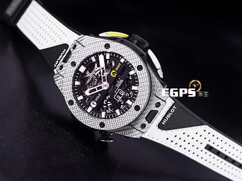 HUBLOT 宇舶 Big Bang 大爆炸 Unico Golf 416.YS.1120.VR 鍍鋁碳纖維材質花紋設計 白色小牛皮帶襯黑色橡膠錶帶 第一款專為高爾夫球運動而設計的機械錶 2019年保單 自動上鍊 45mm