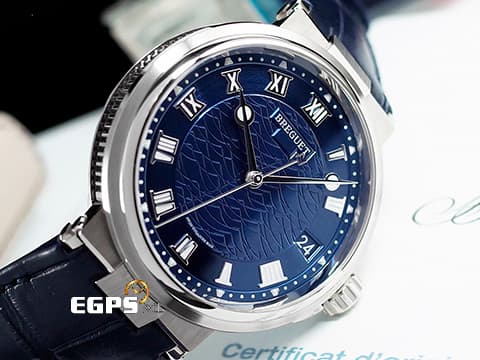 BREGUET 寶璣 Marine 航海系列 航海家 海之王子 5517BB/Y2/9ZU 18K白金材質&nbsp;寶齊萊藍機刻雕花波浪紋面盤&nbsp; 2019年保單&nbsp;自動上鍊 40mm