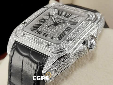 CARTIER 卡地亞 Santos 100 XL 山度士 精鑲鑽石 錶殼、錶腹、錶冠，精鑲嵌滿滿高等級天然美鑽 、滿天星鑽石面盤  閃到一個不要不要的   自動上鍊 41mm