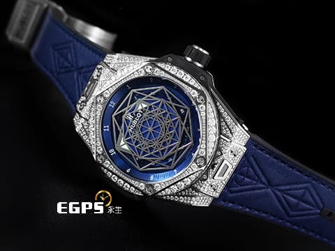 HUBLOT 宇舶 Big Bang Unico Sang Bleu 大爆炸 415.NX.7179.VR.1704.MXM18 藍色面盤 限量款 Maxime Buchi設計 幾何圖形指針 鈦金屬&nbsp;2018年保單 原鑲鑽錶 共388顆天然真鑽  自動上鍊 45mm