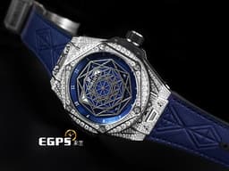 HUBLOT 宇舶 Big Bang Unico Sang Bleu 大爆炸 415.NX.7179.VR.1704.MXM18 <font color="#053ce1">藍色面盤 限量款 Maxime Buchi設計 幾何圖形指針</font> 鈦金屬&nbsp;<font color="#FF0000">2018年保單 原鑲鑽錶 共388顆天然真鑽 </font> 自動上鍊 45mm