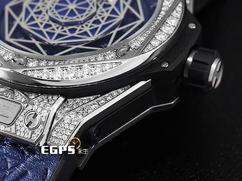 HUBLOT 宇舶 Big Bang Unico Sang Bleu 大爆炸 415.NX.7179.VR.1704.MXM18 藍色面盤 限量款 Maxime Buchi設計 幾何圖形指針 鈦金屬&nbsp;2018年保單 原鑲鑽錶 共388顆天然真鑽  自動上鍊 45mm