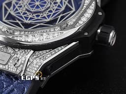 HUBLOT 宇舶 Big Bang Unico Sang Bleu 大爆炸 415.NX.7179.VR.1704.MXM18 <font color="#053ce1">藍色面盤 限量款 Maxime Buchi設計 幾何圖形指針</font> 鈦金屬&nbsp;<font color="#FF0000">2018年保單 原鑲鑽錶 共388顆天然真鑽 </font> 自動上鍊 45mm