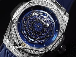 HUBLOT 宇舶 Big Bang Unico Sang Bleu 大爆炸 415.NX.7179.VR.1704.MXM18 <font color="#053ce1">藍色面盤 限量款 Maxime Buchi設計 幾何圖形指針</font> 鈦金屬&nbsp;<font color="#FF0000">2018年保單 原鑲鑽錶 共388顆天然真鑽 </font> 自動上鍊 45mm