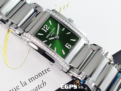 Patek Philippe 百達翡麗 PP錶 Twenty-4 系列 4910/1200A-011 原鑲鑽框&nbsp;最新款&nbsp;漸層綠色日輝紋面盤 不鏽鋼材質&nbsp;2026年保單&nbsp;石英腕錶 25x30mm