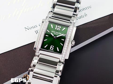 PATEK PHILIPPE 百達翡麗 PP錶 Twenty-4 4910/1200A-011 原鑲鑽錶   墨綠色輝紋面盤 亮炫深遂綠  2024保單 原廠鑽石外框 石英女錶 25x30mm