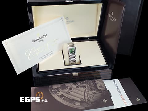 Patek Philippe 百達翡麗 PP錶 Twenty-4 系列 4910/1200A-011 原鑲鑽框&nbsp;最新款&nbsp;漸層綠色日輝紋面盤 不鏽鋼材質&nbsp;2026年保單&nbsp;石英腕錶 25x30mm