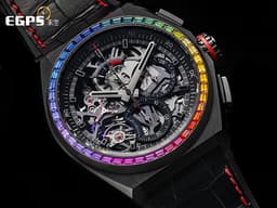 ZENITH 真力時 El Primero 21 Rainbow 33.9002.9004/96.R580 <font color=#FFff00> 原廠彩虹寶石外框 </font> <font color=#ff0000>2018年保卡 全球限量50只！</font>  1/100秒計時碼錶機芯  44mm