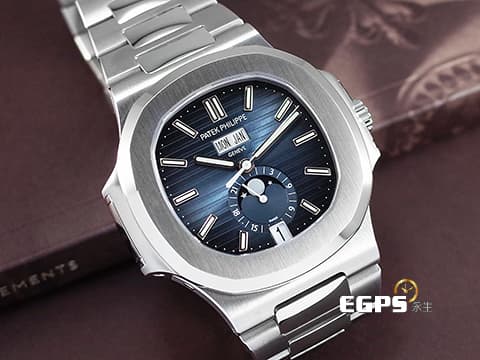 Patek Philippe 百達翡麗 PP錶 Nautilus 5726 金鷹系列 5726/1A-014 不銹鋼鍊帶款   新一代鋼王 2020年保單 年曆錶 月相盈虧 新款PP印記 藍色水平横纹浮雕面盤    此錶歡迎各路錶友以 PP、AP、勞力士 來店交換，本店將以最高價評估～ 自動上鏈 40.5mm