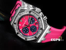 Audemars Piguet AP 愛彼錶 Royal Oak 皇家橡樹 計時碼錶 26231ST  Funky Coulours Deep Pink <font color=#ef9dce> 原鑲鑽圈 粉色錶面鐫刻「Lady Tapisserie」仕女格紋裝飾圖案 </font> <font color=#FF0000> 2018年新式保卡</font> 自動上鍊 37mm