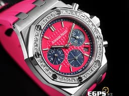 Audemars Piguet AP 愛彼錶 Royal Oak 皇家橡樹 計時碼錶 26231ST  Funky Coulours Deep Pink <font color=#ef9dce> 原鑲鑽圈 粉色錶面鐫刻「Lady Tapisserie」仕女格紋裝飾圖案 </font> <font color=#FF0000> 2018年新式保卡</font> 自動上鍊 37mm