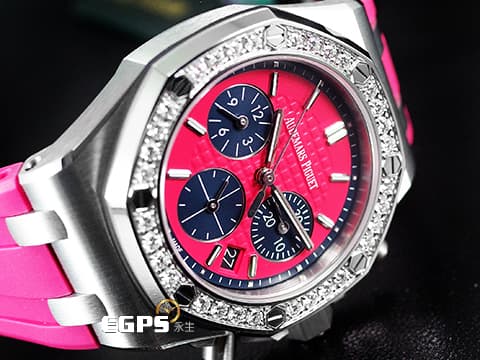 Audemars Piguet AP 愛彼錶 Royal Oak 皇家橡樹 計時碼錶 26231ST  Funky Coulours Deep Pink  原鑲鑽圈 粉色錶面鐫刻「Lady Tapisserie」仕女格紋裝飾圖案   2018年新式保卡 自動上鍊 37mm