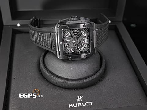 HUBLOT 宇舶 Square Bang Unico「ALL BLACK」限量版 黑陶瓷 821.CX.0140.RX 方形 飛返 計時碼表 鏤空面盤 2022保單 限量250顆 自動上鍊 42mm