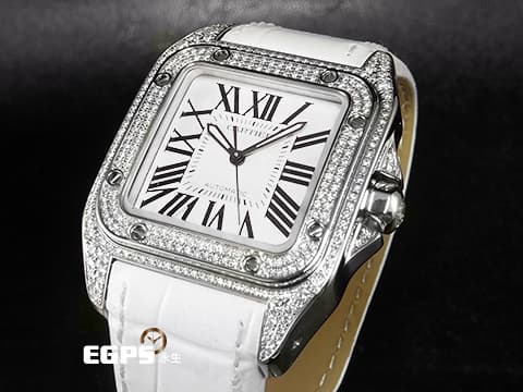 CARTIER 卡地亞 Santos100 山度士 W20126X8 中型 不鏽鋼 大三針&nbsp;銀色白瓷面盤、劍形黑鋼夜光指針、羅馬數字時標 精鑲鑽石錶框錶耳&nbsp;自動上鏈 33mm x 44mm