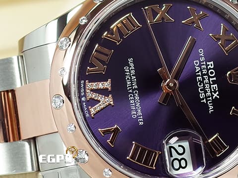 ROLEX 勞力士 Datejust 278341RBR 18K玫瑰金&amp;不鏽鋼材質 半金款 原廠鑲嵌VI鑲鑽時標 雪花鑲鑽錶圈&nbsp;紫羅蘭色面盤&nbsp;2026年保卡&nbsp;自動上鍊 31mm