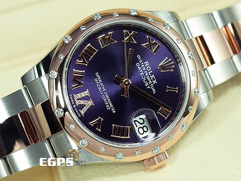 ROLEX 勞力士 Datejust 278341RBR 18K玫瑰金&amp;不鏽鋼材質 半金款 原廠鑲嵌VI鑲鑽時標 雪花鑲鑽錶圈&nbsp;紫羅蘭色面盤&nbsp;2026年保卡&nbsp;自動上鍊 31mm
