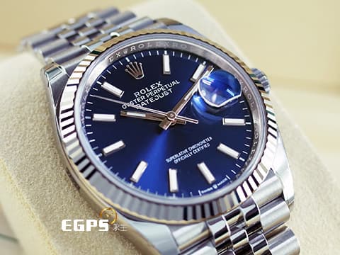 ROLEX 勞力士 Datejust 36 蠔式日誌型 126234 亮藍色面盤 柱狀夜光時標 不鏽鋼 DJ36 經典三角坑紋錶圈 2025年保卡 紀念型（Jubilee）五銖錶帶 自動上鍊 36mm