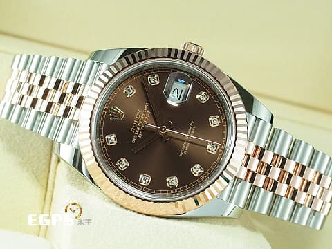 ROLEX 勞力士 Datejust 126331 蠔式日誌型 18K玫瑰金材質 半金款&nbsp;巧克力色面盤搭配鑽石時標&nbsp;2021年保卡 紀念型五銖錶帶 自動上鍊 41mm