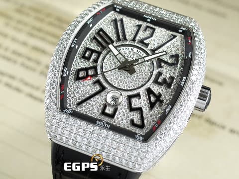 Franck Muller 法蘭穆勒 FM Vanguard V45 精鑲鑽錶 不鏽鋼材質 精鑲滿天星面盤  絢爛華麗的滿天星鑲鑽，黑色阿拉伯數字時標、內圈、錶帶 自動腕錶 44x54mm