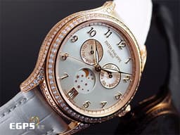 Patek philippe 百達翡麗 PP錶 4948 18K玫瑰金材質  4948R-001 <font color=#fdd6d5>珍珠貝母面盤 原廠鑲鑽 年曆錶 月相盈虧</font> <font color=#FF0000>PP印記</font> 自動上鍊 38mm