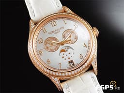Patek philippe 百達翡麗 PP錶 4948 18K玫瑰金材質  4948R-001 <font color=#fdd6d5>珍珠貝母面盤 原廠鑲鑽 年曆錶 月相盈虧</font> <font color=#FF0000>PP印記</font> 自動上鍊 38mm