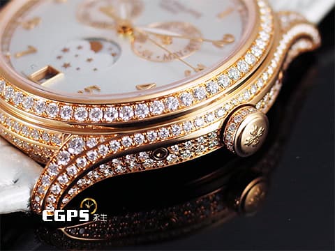 Patek philippe 百達翡麗 PP錶 4948 18K玫瑰金材質  4948R-001 珍珠貝母面盤 原廠鑲鑽 年曆錶 月相盈虧 PP印記 自動上鍊 38mm