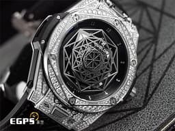 HUBLOT 宇舶 Big Bang 大爆炸 Unico Sang Bleu Steel Pave 不銹鋼材質 黑色面盤 465.SS.1117.VR.1704 MXM18 <font color="#FFff00">最新款 Maxime Buchi設計 幾何圖形指針 原鑲鑽錶 共276顆天然真鑽</font> <font color="#ff0000"> 2024年電子保單&nbsp;</font>自動上鍊 39mm
