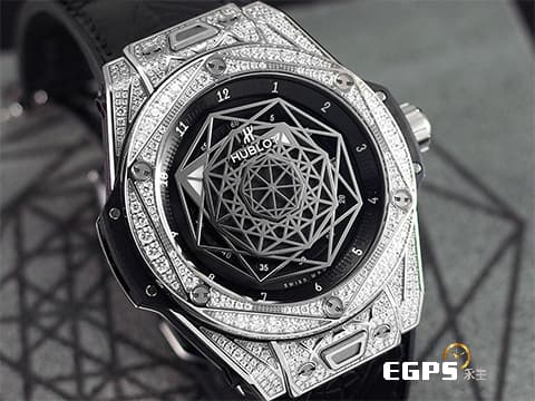 HUBLOT 宇舶 Big Bang 大爆炸 Unico Sang Bleu Steel Pave 不銹鋼材質 黑色面盤 465.SS.1117.VR.1704 MXM18 最新款 Maxime Buchi設計 幾何圖形指針 原鑲鑽錶 共276顆天然真鑽  2024年電子保單&nbsp;自動上鍊 39mm