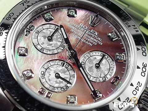 ROLEX 勞力士 Cosmograph Daytona 宇宙計時型 迪通拿 116509NC 計時碼表 18K白金 已停產絕版鑽石時標珍珠貝母 搭配三眼塘金小錶盤 2021年保卡 自動上鍊 40mm