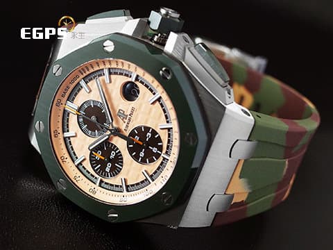 Audemars Piguet 愛彼 AP錶 Royal Oak Offshore 皇家橡樹 離岸型 26400SO.OO.A054CA.01 綠色陶瓷框 迷彩 大熊貓 26400 SO 計時碼表 2018年保卡 另附原廠卡其綠色橡膠錶帶 自動上鍊 44mm