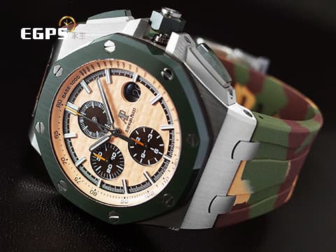 Audemars Piguet 愛彼 AP錶 Royal Oak Offshore 皇家橡樹離岸型 計時碼表 26400SO.OO.A054CA.01 綠色陶瓷框 稀有迷彩配色款，2018年保單，新式保卡   大熊貓 原廠迷彩膠帶    此錶歡迎各路錶友以 PP、AP、RM、勞力士 來店交換，本店將以最高價評估～  自動上鏈 44mm