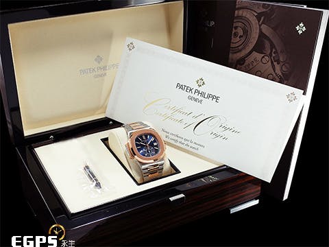 Patek Philippe 百達翡麗 PP錶 Nautilus Chronograph 金鷹 鸚鵡螺 5980/1AR 藍色面盤 5980 同軸 計時碼錶 PP印記 2024年保單 最新可微調按壓式摺疊扣 玫瑰金 半金款 歡迎路錶友以 PP、AP、RM、勞力士 來店交換，本店將以最高價評估~ 自動上鏈 40.5mm