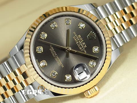 ROLEX 勞力士 DateJust DJ 31 278273 不鏽鋼＆18K黃金材質 半金款  深灰色鑽石時標面盤 原廠鑲嵌鑽石時標  2026年保卡 五珠紀念型錶帶  自動上鍊 31mm