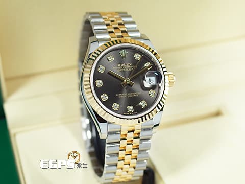 ROLEX 勞力士 DateJust DJ 31 278273 不鏽鋼＆18K黃金材質 半金款  深灰色鑽石時標面盤 原廠鑲嵌鑽石時標  2026年保卡 五珠紀念型錶帶  自動上鍊 31mm