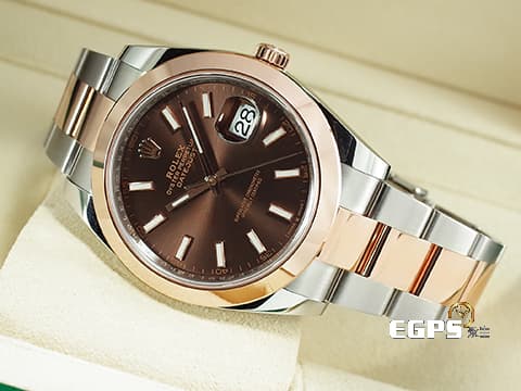 ROLEX 勞力士 Datejust 41 蠔式日誌型 126301 玫瑰金半金款 2022年保單新式保卡  巧克力色面盤  蠔式大板鏈節錶帶款 自動上鏈 41mm