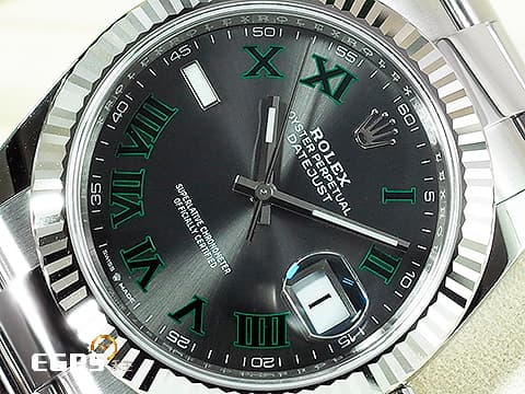 ROLEX 勞力士 Datejust 41 蠔式日誌型 126334 石板灰色面盤搭配綠羅馬時標 溫布頓 不鏽鋼 DJ41 經典三角坑紋錶圈 2026年保卡 蠔式（Oyster）三節錶帶 自動上鍊 41mm