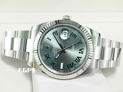 ROLEX 勞力士 Datejust 41 蠔式日誌型 126334 石板灰色面盤搭配綠羅馬時標 溫布頓 不鏽鋼 DJ41 經典三角坑紋錶圈 2026年保卡 蠔式（Oyster）三節錶帶 自動上鍊 41mm