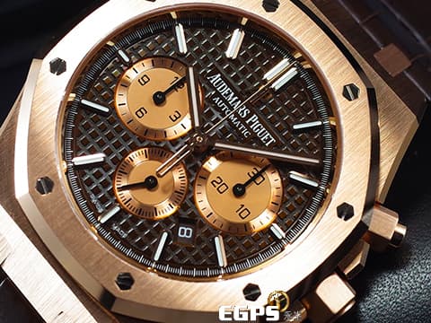 Audemars Piguet 愛彼 AP錶 Royal Oak Chronograph 皇家橡樹 26331OR 巧克力色格紋面盤 玫瑰金 26331 OR 計時碼表&nbsp;2017年台灣公司貨 自動上鏈 41mm