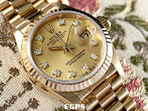 ROLEX 勞力士 Datejust 蠔式日誌型 69178 原廠鑽石時標面盤&nbsp;18K黃金材質 經典三角坑紋錶圈&nbsp;自動上鍊 26mm