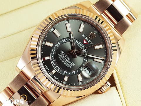 ROLEX 勞力士 Sky-Dweller 326935 天行者 年曆錶 兩地時區 18K永恆玫瑰金材質 鍊帶款 深銠銀灰色面盤 2019年保卡&nbsp;自動上鏈 42mm