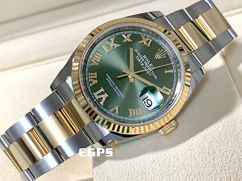 ROLEX 勞力士 Datejust 36 蠔式日誌型 126233 原廠VI、IX鑲鑽 橄欖綠色面盤 半金款 18K黃金 DJ36 經典三角坑紋錶圈 2022年新式保卡 蠔式（Oyster）三節錶帶 自動上鍊 36mm