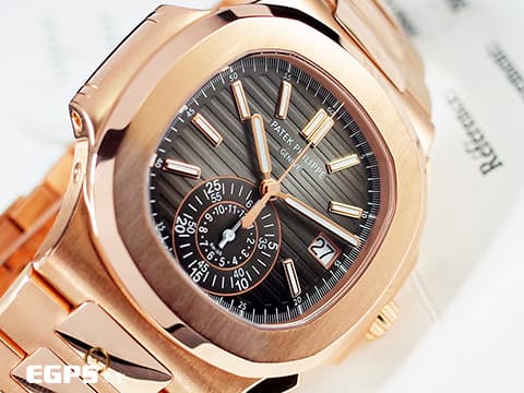 Patek Philippe 百達翡麗 PP錶 Nautilus Chronograph 金鷹 鸚鵡螺 5980/1R-001 18K玫瑰金材質 鏈帶款 同軸計時碼錶 漸層橫條紋褐色面盤&nbsp;PP印記 2020年保單&nbsp;自動上鏈 40.5mm
