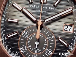 Patek Philippe 百達翡麗 PP錶 Nautilus Chronograph 金鷹 鸚鵡螺 5980/1R-001 18K玫瑰金材質 鏈帶款 同軸計時碼錶 <font color="#fbf2d0">漸層橫條紋褐色面盤</font>&nbsp;<font color="#FF0000">PP印記 2020年保單</font>&nbsp;自動上鏈 40.5mm