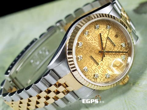 ROLEX 勞力士 蠔式 DATEJUST 16233 經典 蠔式日誌型 18K黃金 金色浮雕紀念面盤 五珠鍊帶款&nbsp;原廠鑽石時標&nbsp;半金 自動腕錶 36mm