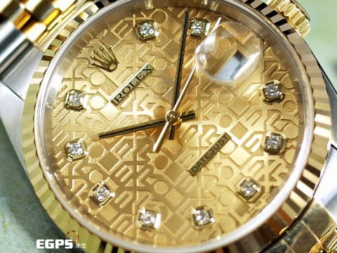 ROLEX 勞力士 蠔式 DATEJUST 16233 經典 蠔式日誌型 18K黃金 金色浮雕紀念面盤 五珠鍊帶款&nbsp;原廠鑽石時標&nbsp;半金 自動腕錶 36mm