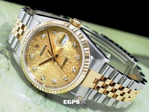 ROLEX 勞力士 蠔式 DATEJUST 16233 經典 蠔式日誌型 18K黃金 金色浮雕紀念面盤 五珠鍊帶款&nbsp;原廠鑽石時標&nbsp;半金 自動腕錶 36mm