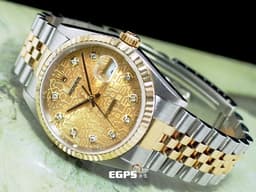 ROLEX 勞力士 蠔式 DATEJUST 16233 經典 蠔式日誌型 <font color="#fafa01">18K黃金 金色浮雕紀念面盤 五珠鍊帶款</font><font color="#FFFF00">&nbsp;</font><font color="#05f0f0">原廠鑽石時標</font><font color="#FFFF00">&nbsp;</font>半金 自動腕錶 36mm