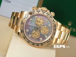 ROLEX 勞力士 Daytona 116508 黃K金材質 搪金珍珠貝母幻彩面盤 原鑲鑽石時標 防偽內圈 <font color=#FF0000> 停產搪金黑貝母幻彩面盤 原鑲鑽石時標 防偽內圈</font>  <font color=#FFFF33> 此錶歡迎各路錶友以 PP、AP、RM、勞力士 來店交換，本店將以最高價評估～</font> 自動上鍊 計時碼表 40mm